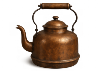 Antique copper kettle with a wooden handle, isolated on a transparent background, showcasing its vintage charm and rustic appeal