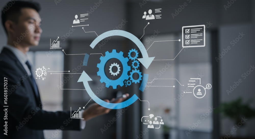 Poster asian man presents a holographic cycle of gears and data points. visual representation of a business