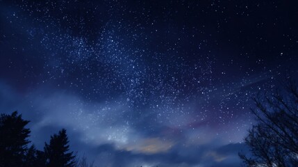 Fototapeta premium Majestic Night Sky Filled with Stars Underneath a Dark Blue Atmosphere with Wispy Clouds and Silhouettes of Trees