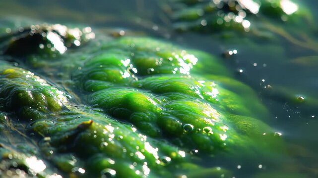 Bright Green Algae Growing in Shallow Water with Bubbles under Sunlight