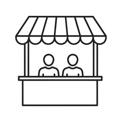 Market stall line icon with vendor and awning representing local farmers market street food booth and small business retail shopfront