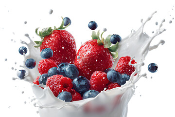 Milk Splash with Fresh Berries, isolated on transparent background.