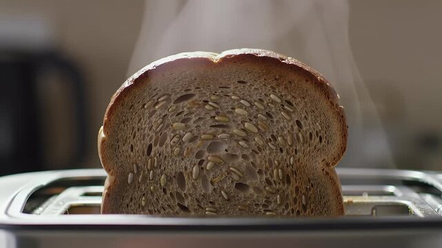 Toasting multigrain bread slice in toaster for breakfast preparation