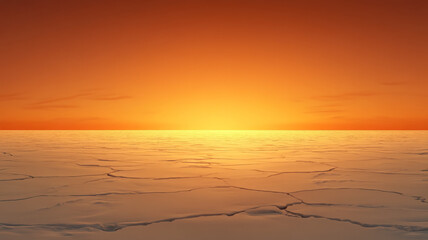 Cracked ice landscape, melting glacier, dramatic orange sunset, climate change concept