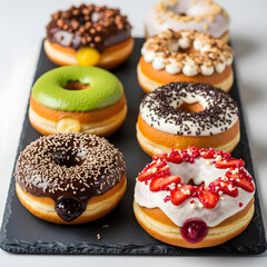 Indulge in Delicious Donuts A Variety of Flavors and Colors on a Serving Tray Tempting Treat Perfect for Breakfast or Dessert Freshly Baked Donut Assortment