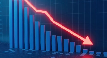 Visualizes a downward trend with blue bar graphs and a prominent red arrow, ideal for illustrating financial loss, economic downturn, or negative performance indicators.