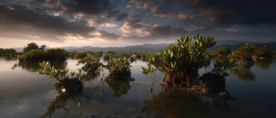 Mangrove restoration in coastal ecosystem: carbon sequestration benefits at sunrise