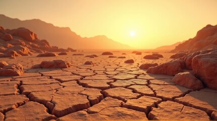 Cracked Brown Desert Landscape with Golden Sunset and Distant Mountains