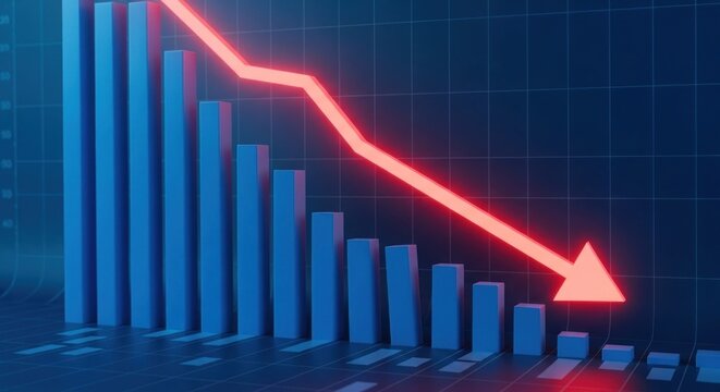 Visualizes a downward trend with blue bar graphs and a prominent red arrow, ideal for illustrating financial loss, economic downturn, or negative performance indicators.