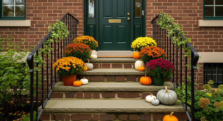 Fall home decor front door steps with pumpkins and mums for autumn season decoration ideas outdoors design