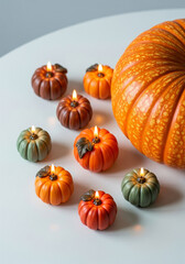 Pumpkin candles fall decor autumn tabletop display seasonal holiday thanksgiving halloween festive bright 100