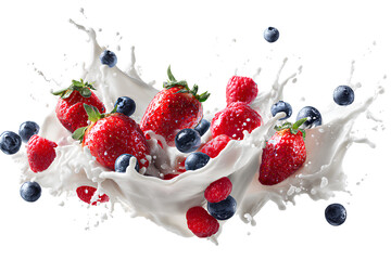 Mixed Berries Splashing in Milk Isolated on Transparent Background

