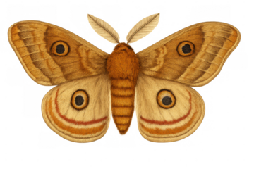 Vibrant saturniid moth spreading iridescent wings, detailed against transparent backdrop highlighting intricate wing patterns and coloration