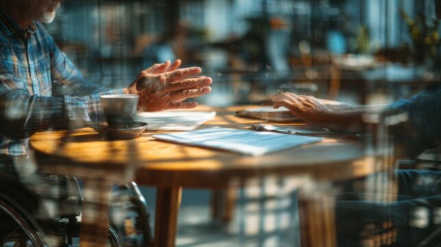 Close-up of Taiwanese office workers' hands including disability interacting with documents on round table in modern, inclusive workspace with natural daylight.