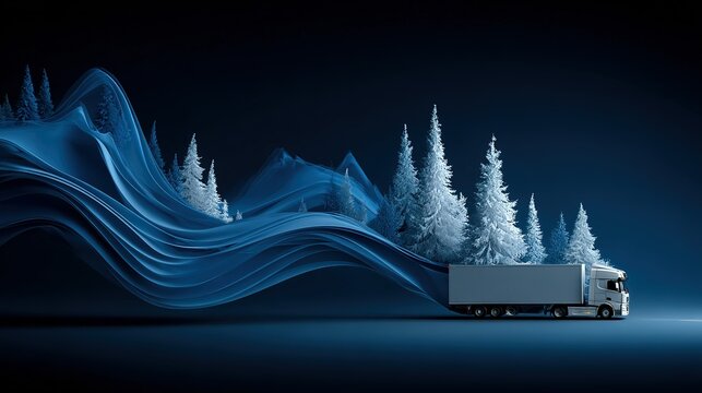 Winter landscape with a truck carrying a snowy forest.