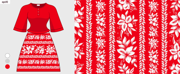 Seamless red striped hibiscus pattern on women skirt and dress, African ethnic textile design, Hawaii fashion, hand drawn floral fabric print vector for clothing mockup, not AI-generated.