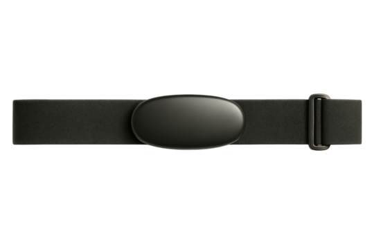 Chest strap heart rate monitor with sensor for fitness tracking on a transparent background
