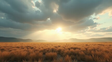 Golden Grassland at Sunset with Dramatic Clouds and Sunlight