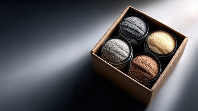 Stylish Arrangement of Four Jars with Colored Powders in Box