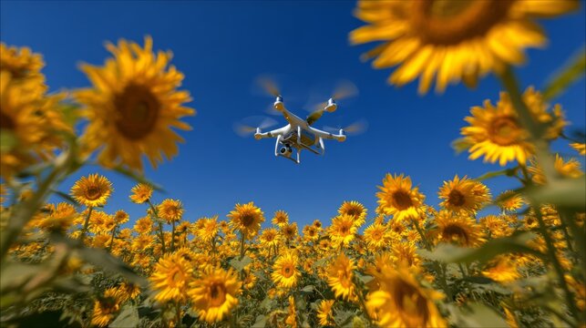 Drone Flying Above Bright Sunflower Field on a Clear Blue Sky Day for Aerial Photography and Nature Exploration