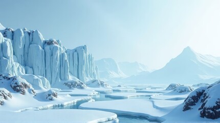 Icy Arctic Landscape with Glacial Ice and Snow Covered Mountains