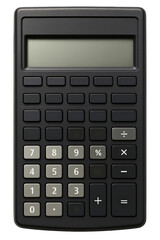 Black electronic desktop calculator with a large digital display on a transparent background