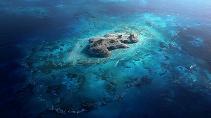 Fototapeta premium Aerial View of a Serene Tropical Island Surrounded by Crystal Clear Blue Ocean Waters and Vibrant Coral Reefs