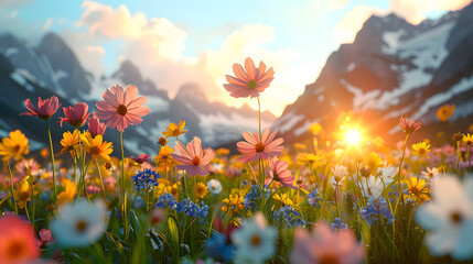 Vibrant alpine meadow with blooming wildflowers at sunrise mountains pink flowers