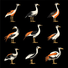 A diverse set of stylized Great Bustard bird illustrations. This vector collection is ideal for creating a unique emblem, logo, or mascot icon for any brand.