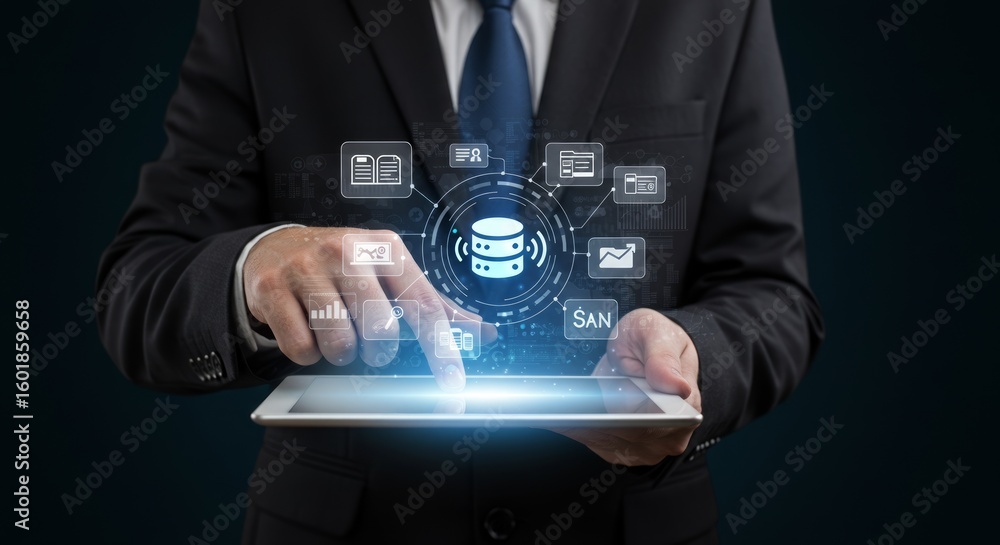 Poster businessman in a dark suit interacts with a tablet displaying a data cloud with glowing icons. a rep