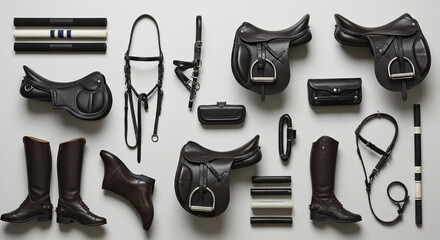 Brown leather equestrian equipment collection