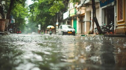 Obraz premium Atmospheric Scenes of Streets after Heavy Rain: Glistening Pavements, Reflections of Neon Lights, Wet Storefronts, and Misty Alleyways with Fresh Raindrops, Puddles, and Post-Storm Serenity for Urban 