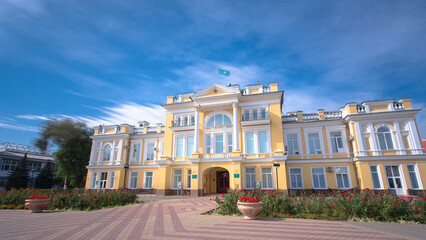 Beautiful 18th century building in the center of Uralsk timelapse hyperlapse. Western Kazakhstan.