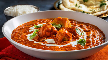 Vibrant Close-up: Creamy Indian Butter Chicken with Reddish-Orange Sauce

