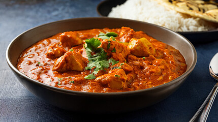 Vibrant Close-up: Creamy Indian Butter Chicken with Reddish-Orange Sauce

