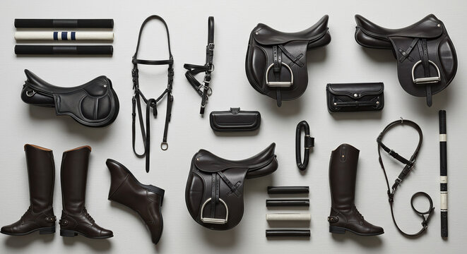 Brown leather equestrian equipment collection