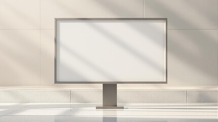 A blank billboard stands on a bright, sunlit surface with geometric tiles in the background