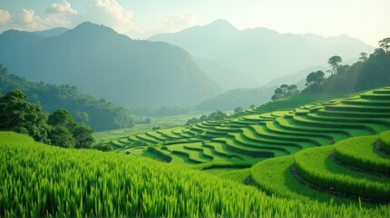 Lush Green Rice Terraces on Hillside in Hazy Mountain Landscape