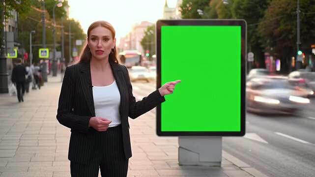 Woman presenter street billboard presentation