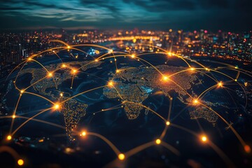 Illuminated globe with interconnected data streams overlaid on a cityscape, symbolizing global connectivity and digital networks.