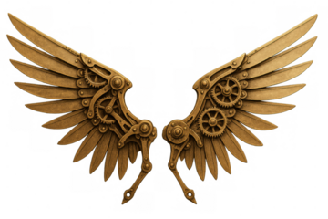 Mechanical wings unfolding, revealing golden intricate gears and metallic feathers against transparent backdrop