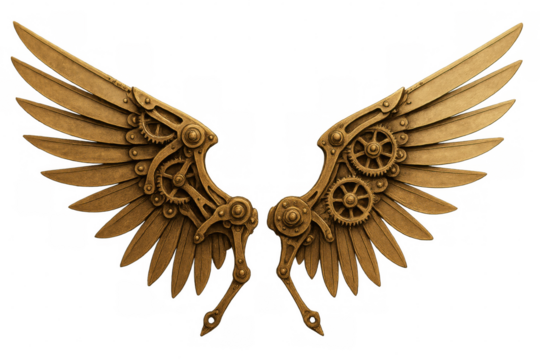 Mechanical wings unfolding, revealing golden intricate gears and metallic feathers against transparent backdrop - Powered by Adobe