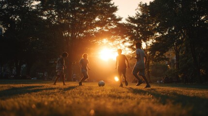 Joyful children playing soccer at sunset in a park with warm orange sunlight illuminating the scene and creating playful shadows