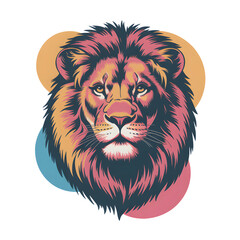 Vibrant Lion Portrait with Retro Circles Against Transparent Backdrop Bold Colors and Detailed Mane Creates Striking Animal Illustration with Artistic Design