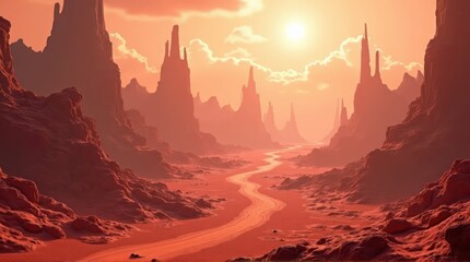 Red Desert Landscape Winding Road with Distant Cliffs and Orange Sky