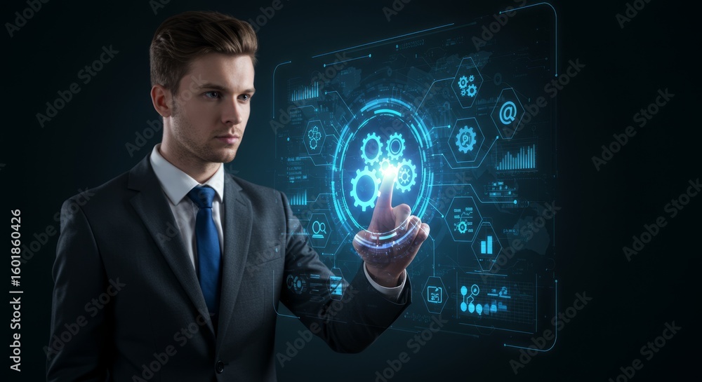 Poster businessman interacts with digital interface of gears and data