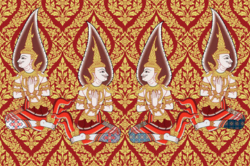 Traditional Thai art angel painting pattern in damask style motif suitable for wallpaper, curtain, cloth, textile and fabric design isolated illustration vector archive EPS file.