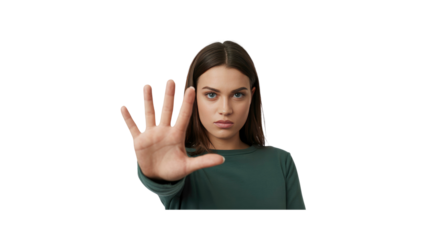 Young Woman Showing Stop Sign with Hand, Serious Expression