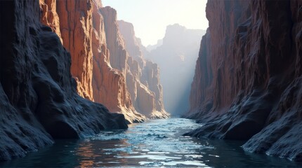 Scenic Canyon with Flowing River in Warm Sunlight, Rocky Landscape