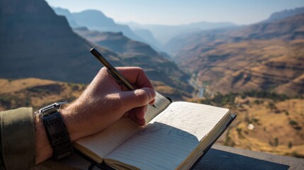 Scenic View of Hand Writing in Notebook While Overlooking Mountain Valley and River with Clear Blue Sky Above